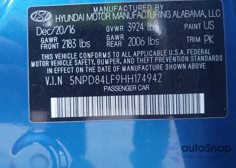 2017 Hyundai Elantra Se z USA, uszkodzony, nr VIN 5NPD84LF9HH174942